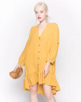 Long Sleeve Oversized Linen Shirt Dress in Mustard Yellow