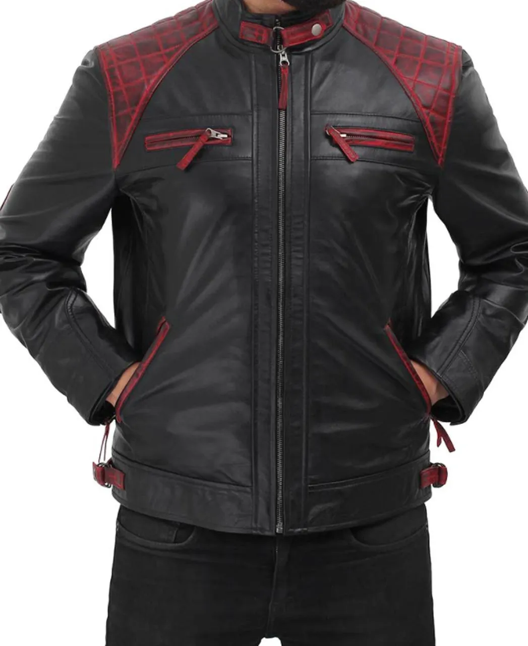 Men's Black Genuine Leather Jacket With Stylish Red Padding