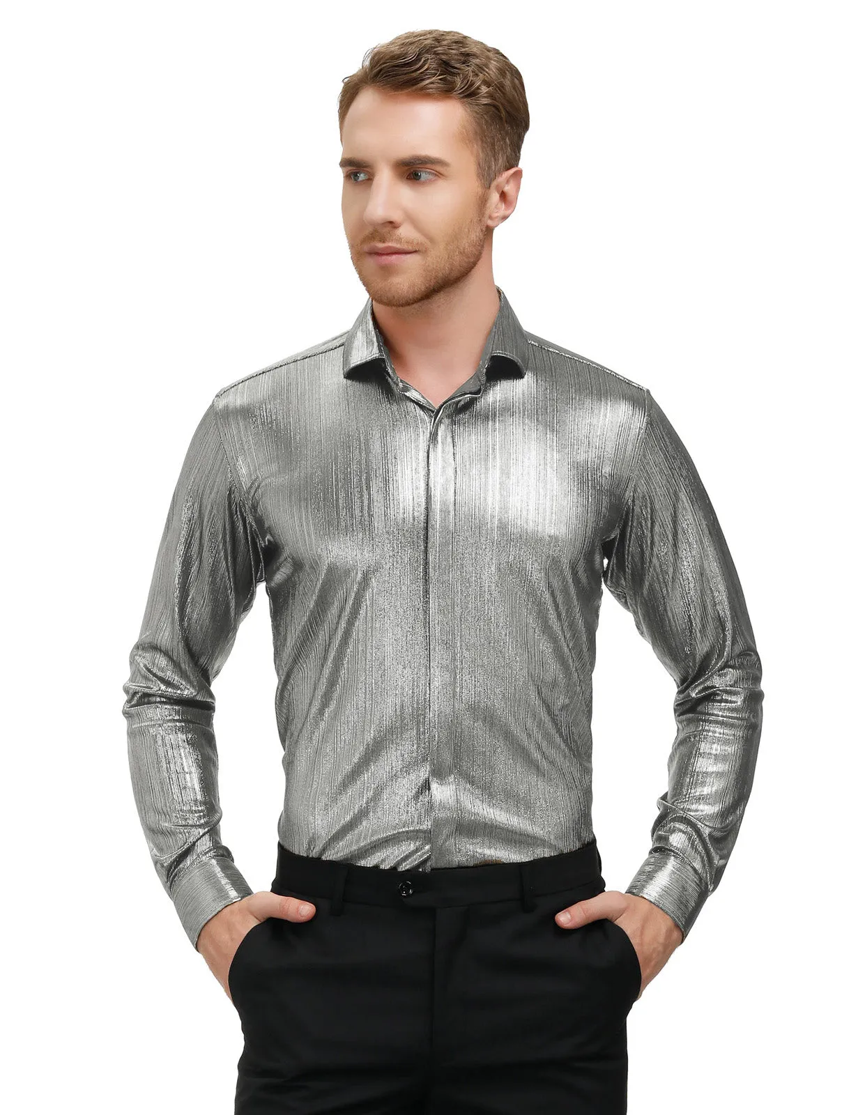 Mens Metallic Dress Shirts Long Sleeve Button Down 70s Disco Cardigans Shirt Party Costume