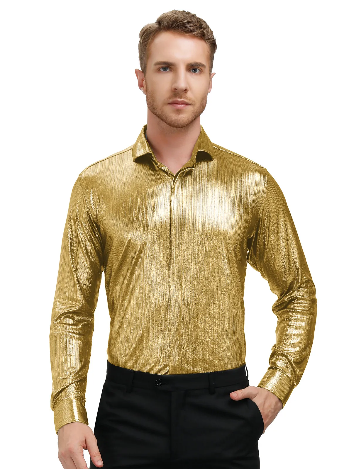 Mens Metallic Dress Shirts Long Sleeve Button Down 70s Disco Cardigans Shirt Party Costume