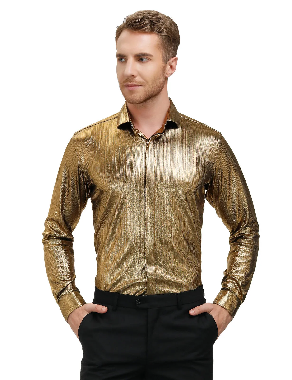 Mens Metallic Dress Shirts Long Sleeve Button Down 70s Disco Cardigans Shirt Party Costume