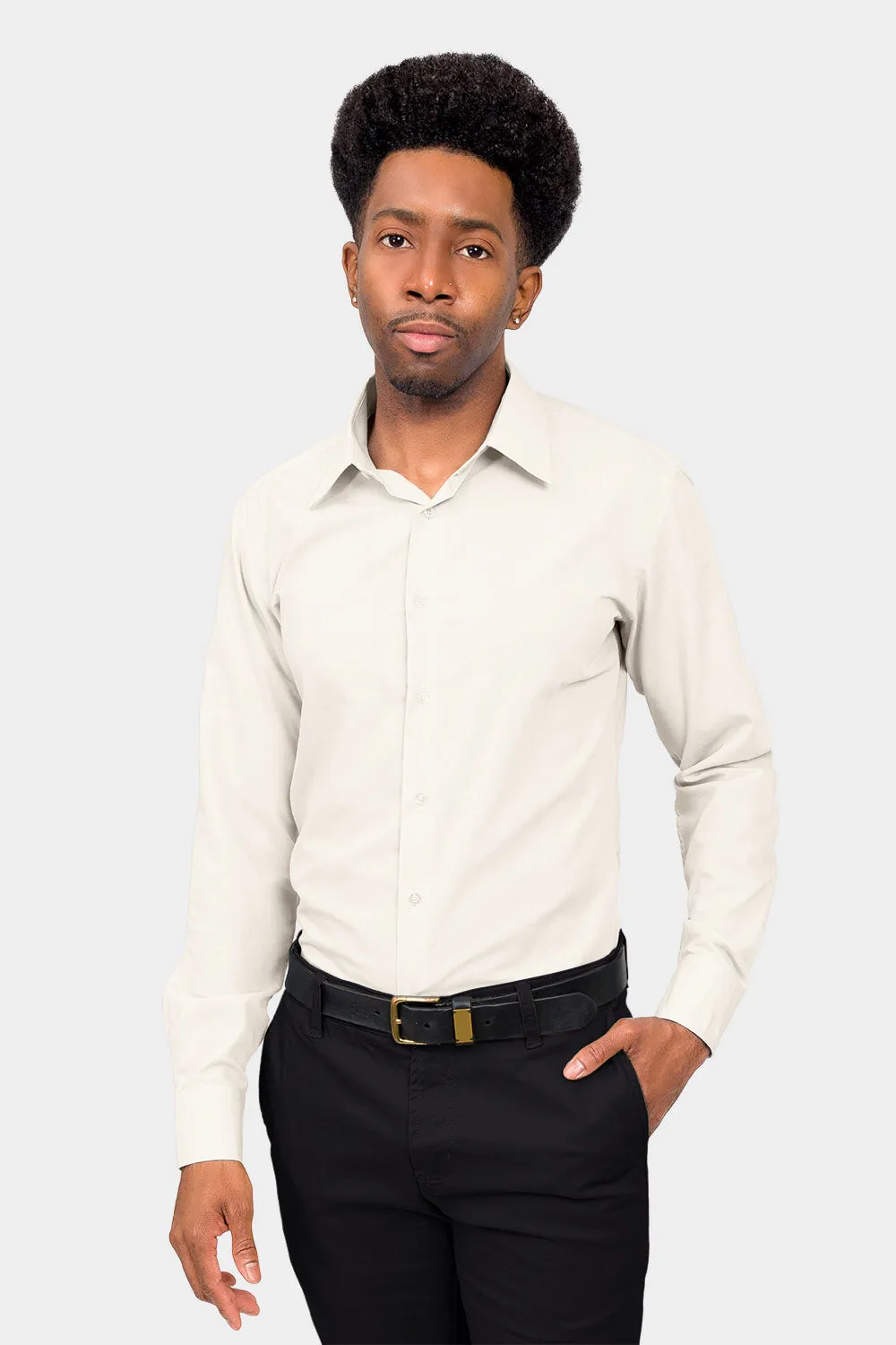 Men's Slim Fit Solid Color Dress Shirt (Ivory)