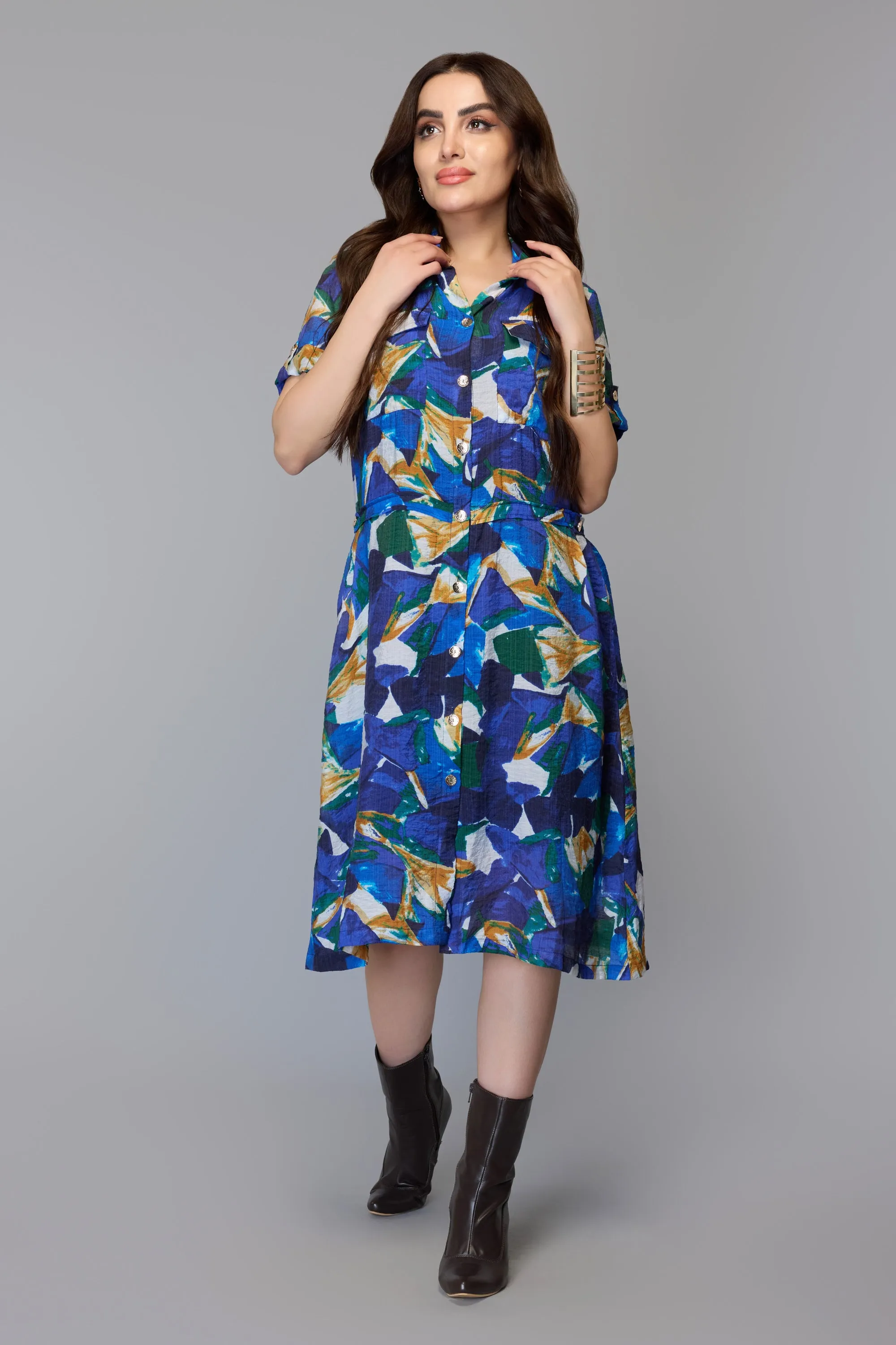 Multicolor Abstract Print Shirt Dress with Belted Waist