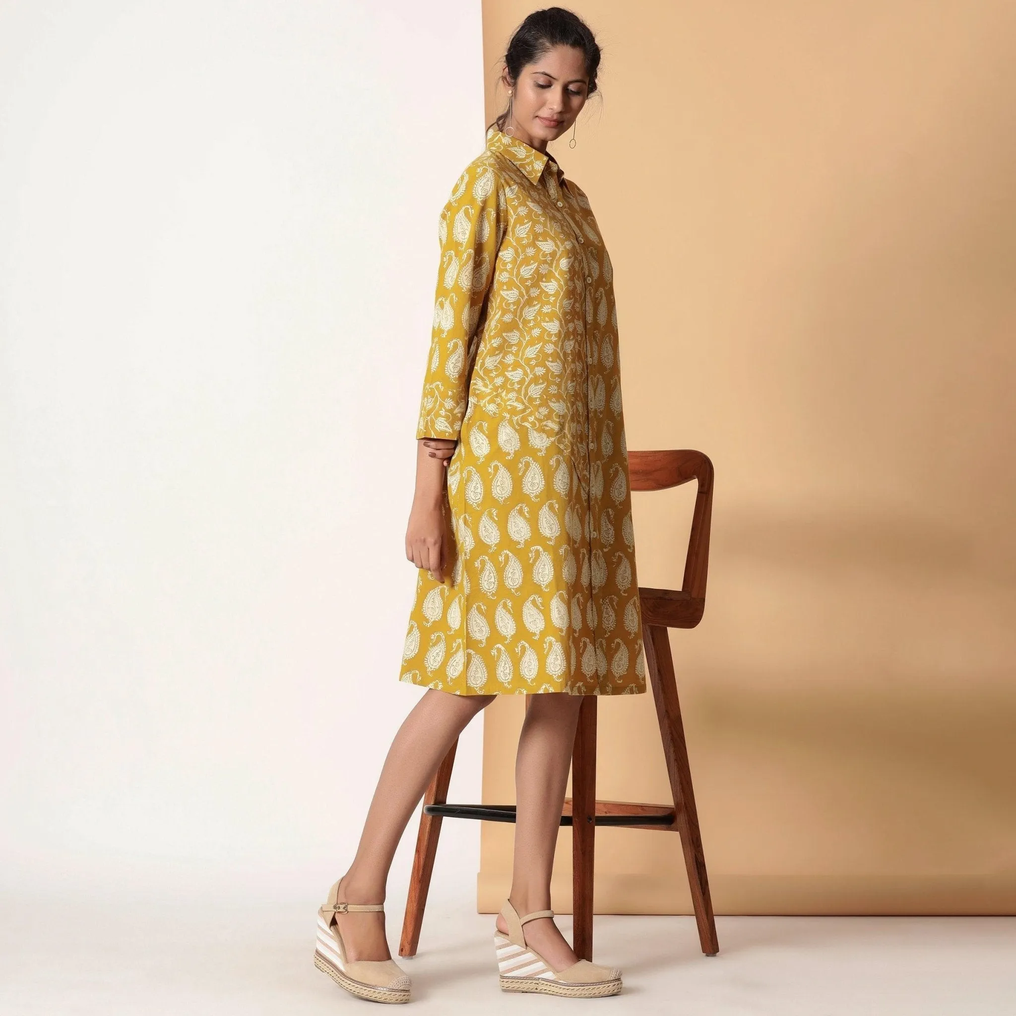 Mustard Bagru Block Print Cotton Knee Length Shirt Dress