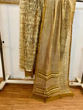 Mustard Banarasi Pure cotton handloom 3 pcs suit set