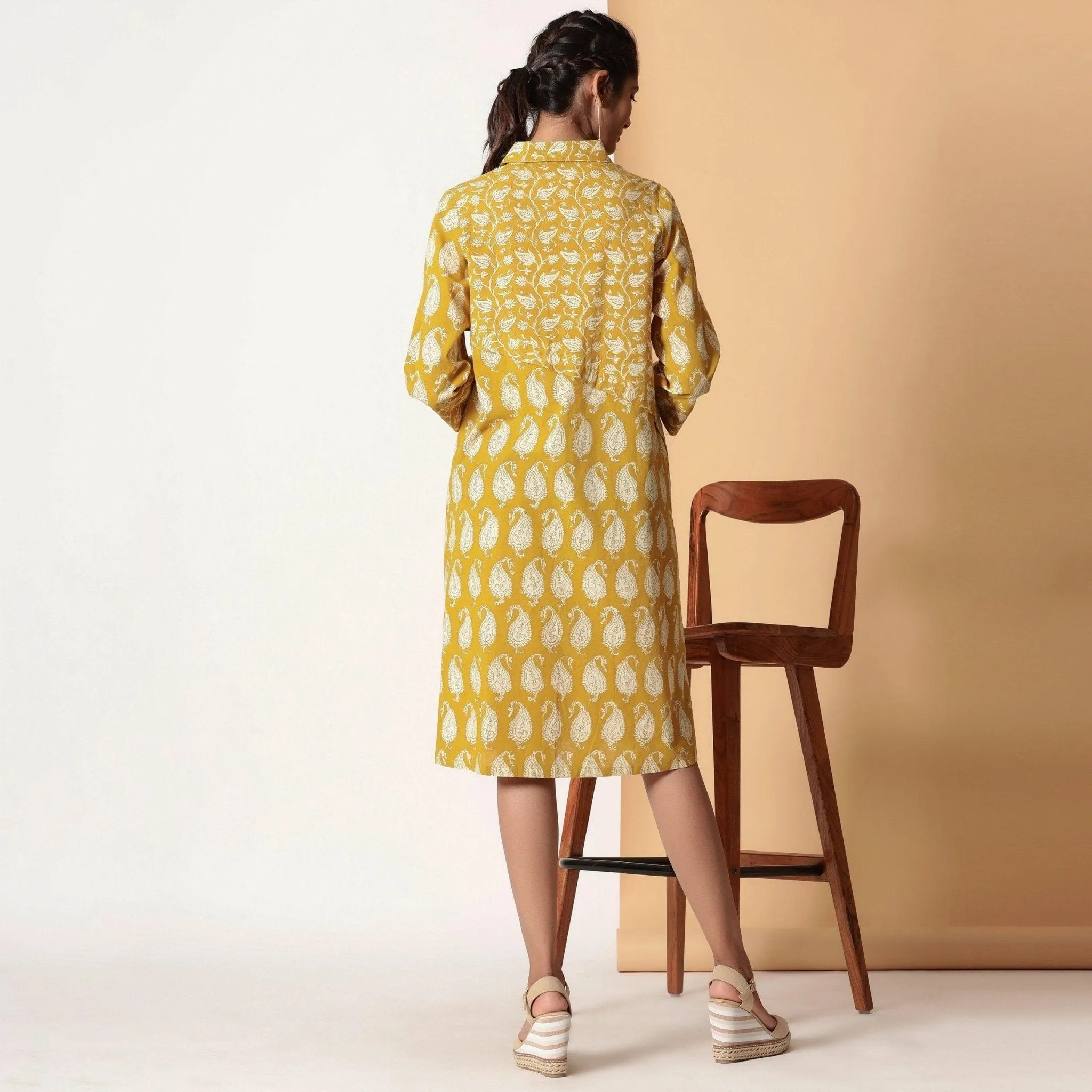 Mustard Paisley Block Printed Cotton Knee Length Shirt Dress