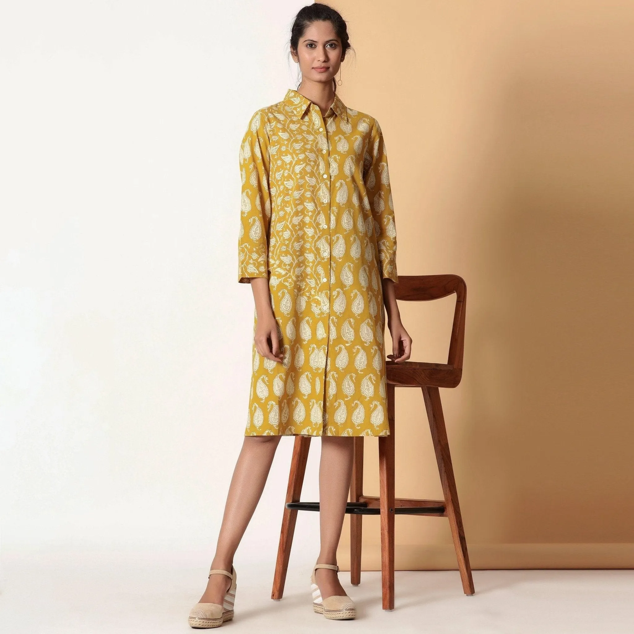 Mustard Paisley Block Printed Cotton Knee Length Shirt Dress