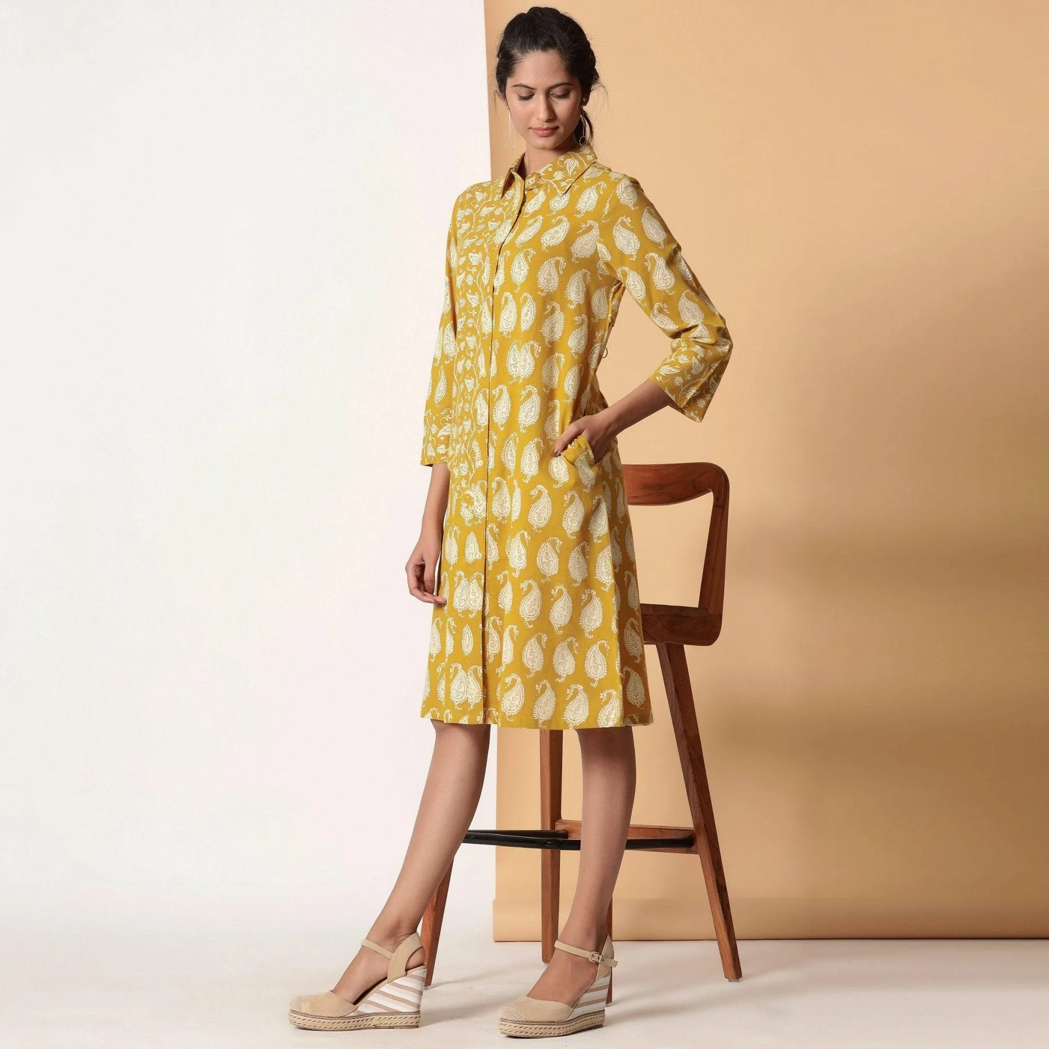 Mustard Paisley Block Printed Cotton Knee Length Shirt Dress