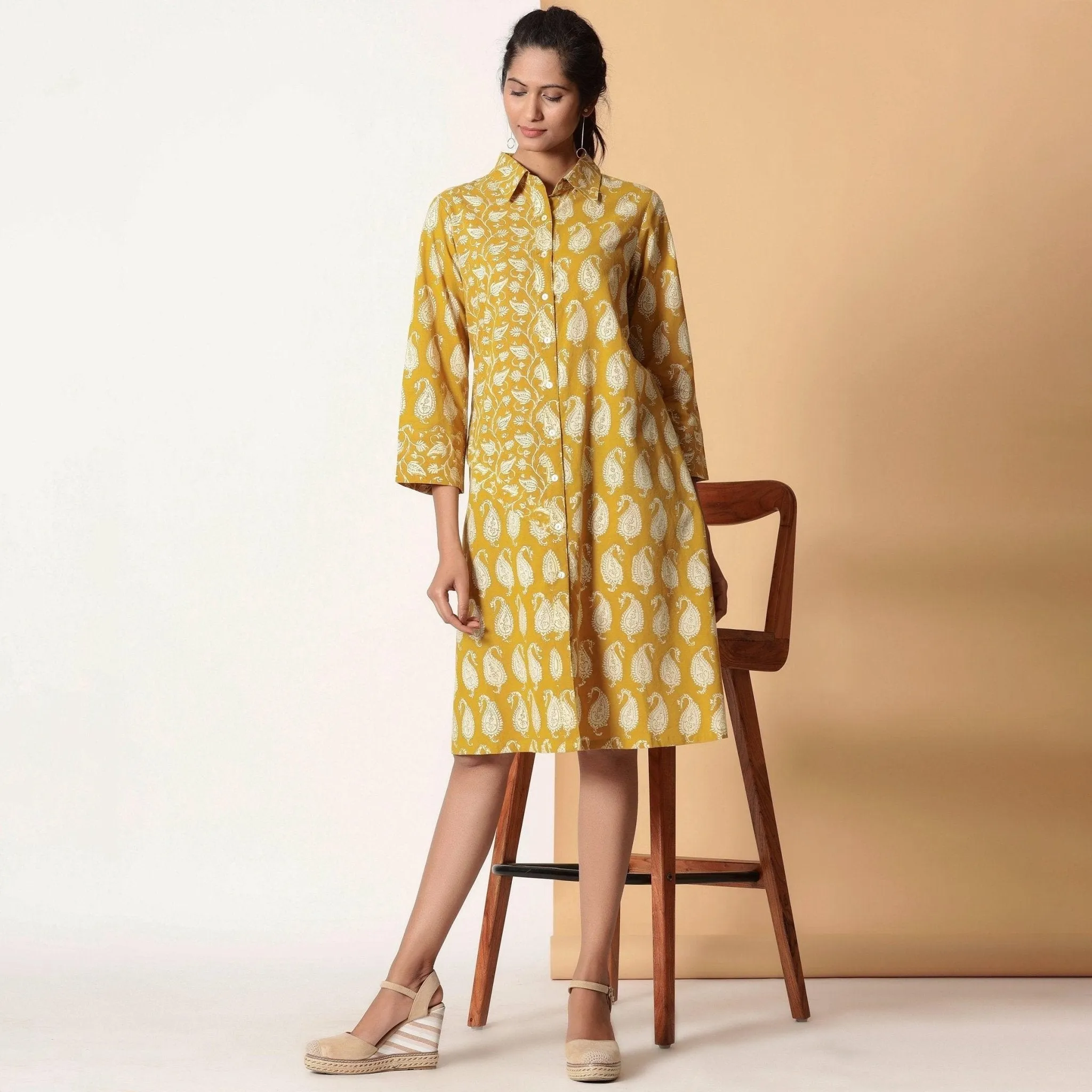 Mustard Paisley Block Printed Cotton Knee Length Shirt Dress