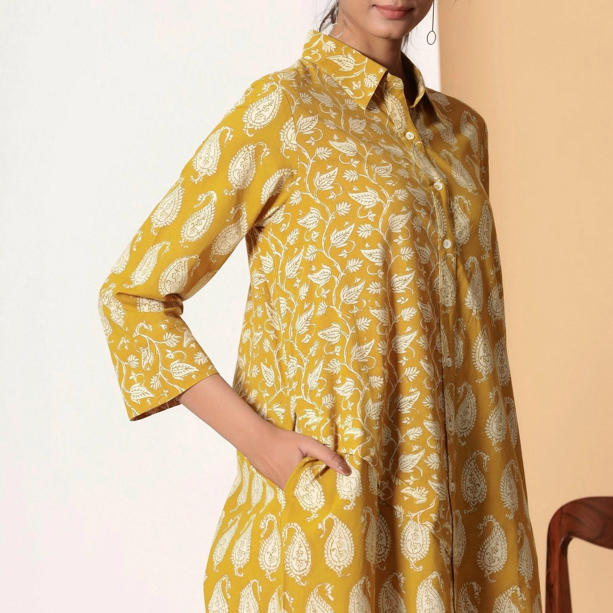 Mustard Paisley Block Printed Cotton Knee Length Shirt Dress