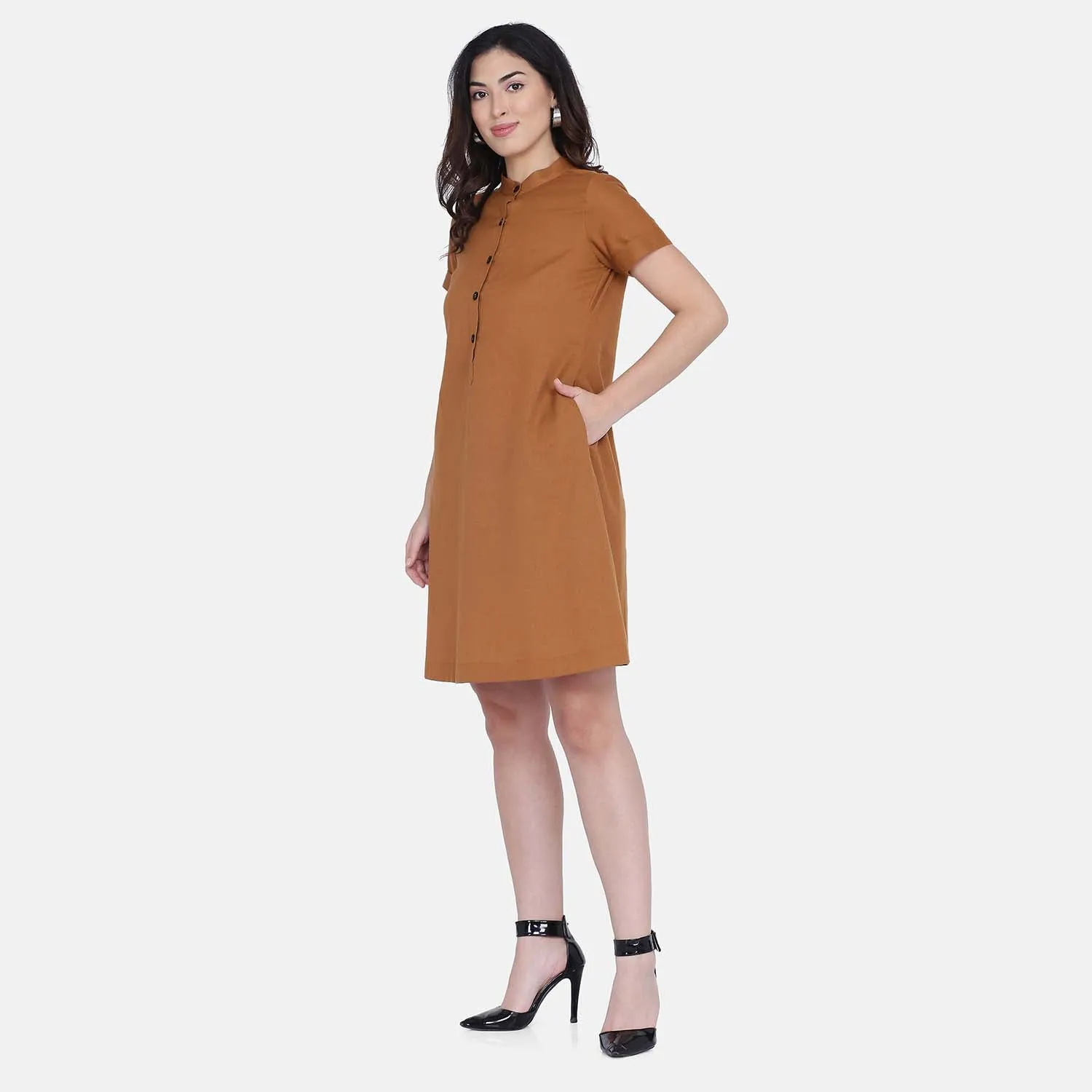 Mustard Yellow Mandarin Collar Women's Officewear Shirt Dress