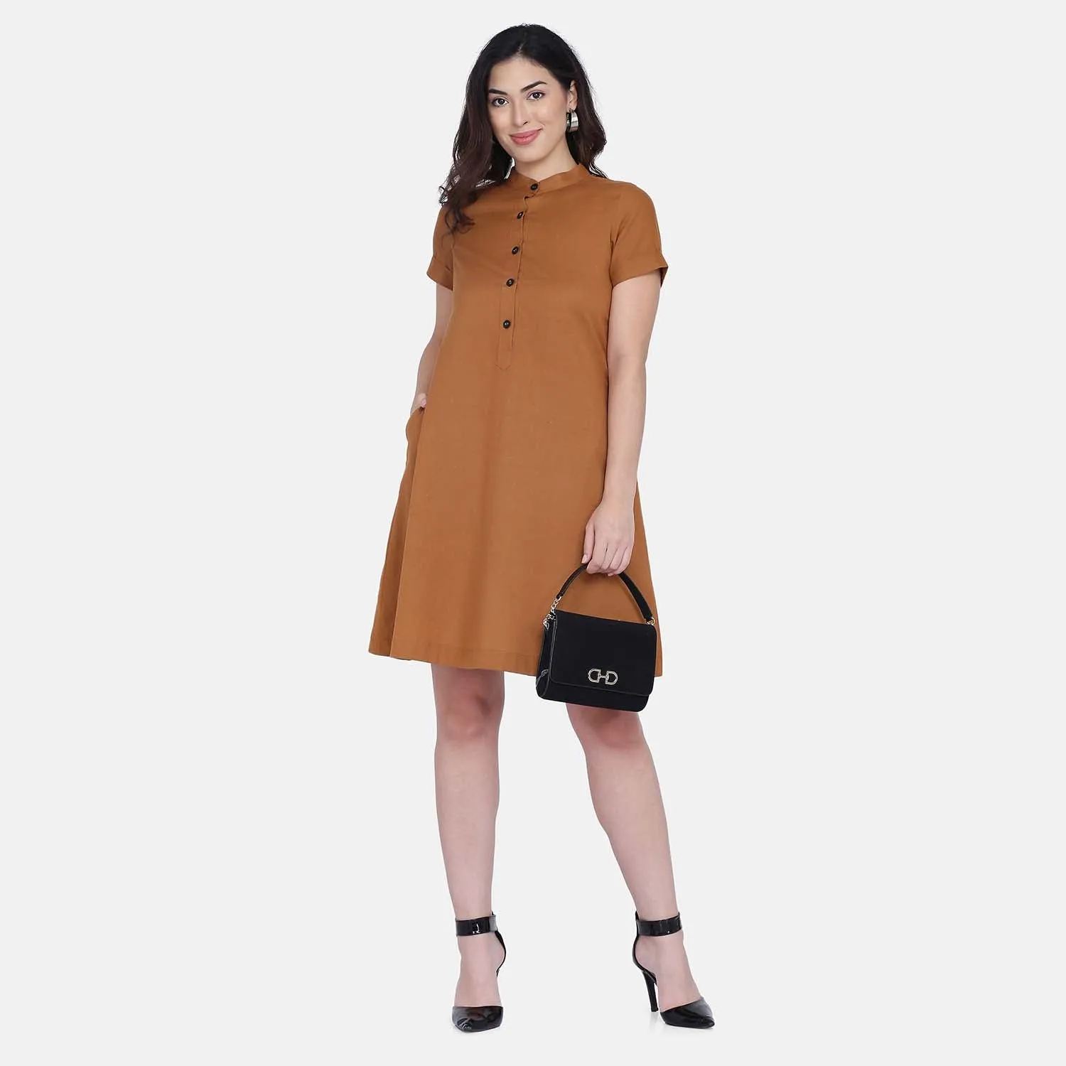 Mustard Yellow Mandarin Collar Women's Officewear Shirt Dress