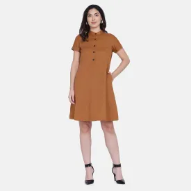 Mustard Yellow Mandarin Collar Women's Officewear Shirt Dress