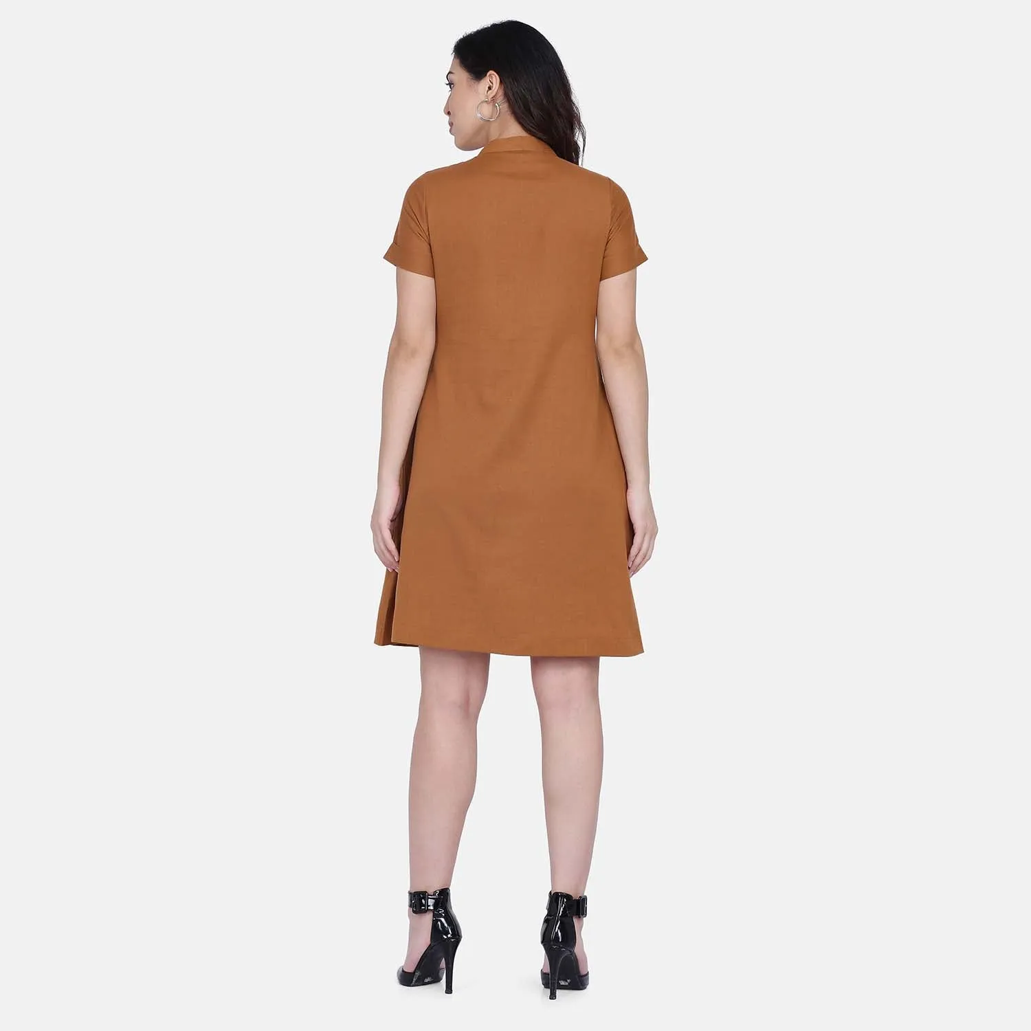 Mustard Yellow Mandarin Collar Women's Officewear Shirt Dress