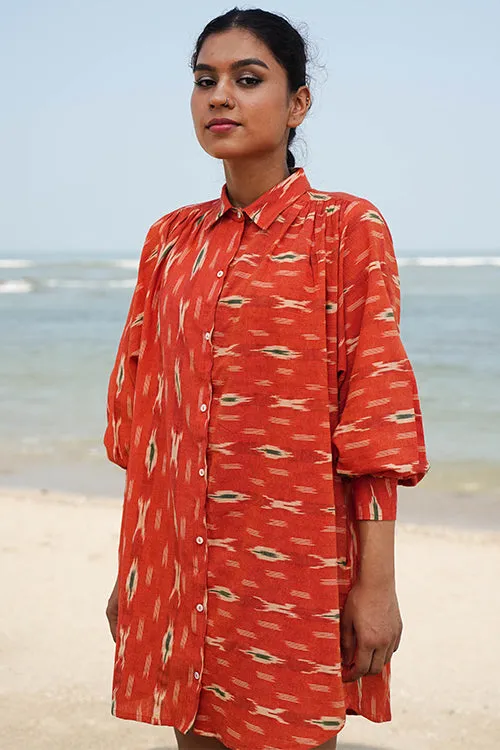 Okhai "Oleander" Orange Ikkat Pure Cotton Shirt Dress