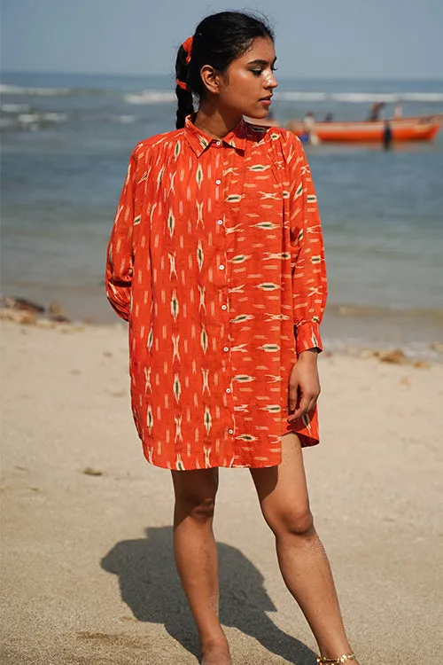 Okhai "Oleander" Orange Ikkat Pure Cotton Shirt Dress