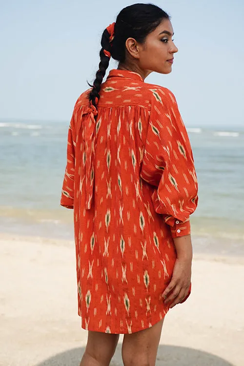 Okhai "Oleander" Orange Ikkat Pure Cotton Shirt Dress