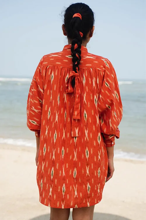 Okhai "Oleander" Orange Ikkat Pure Cotton Shirt Dress