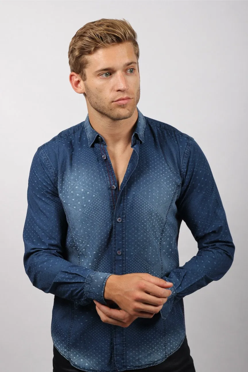 Pattern Jacquard Stone Wash Denim Button Down Shirt