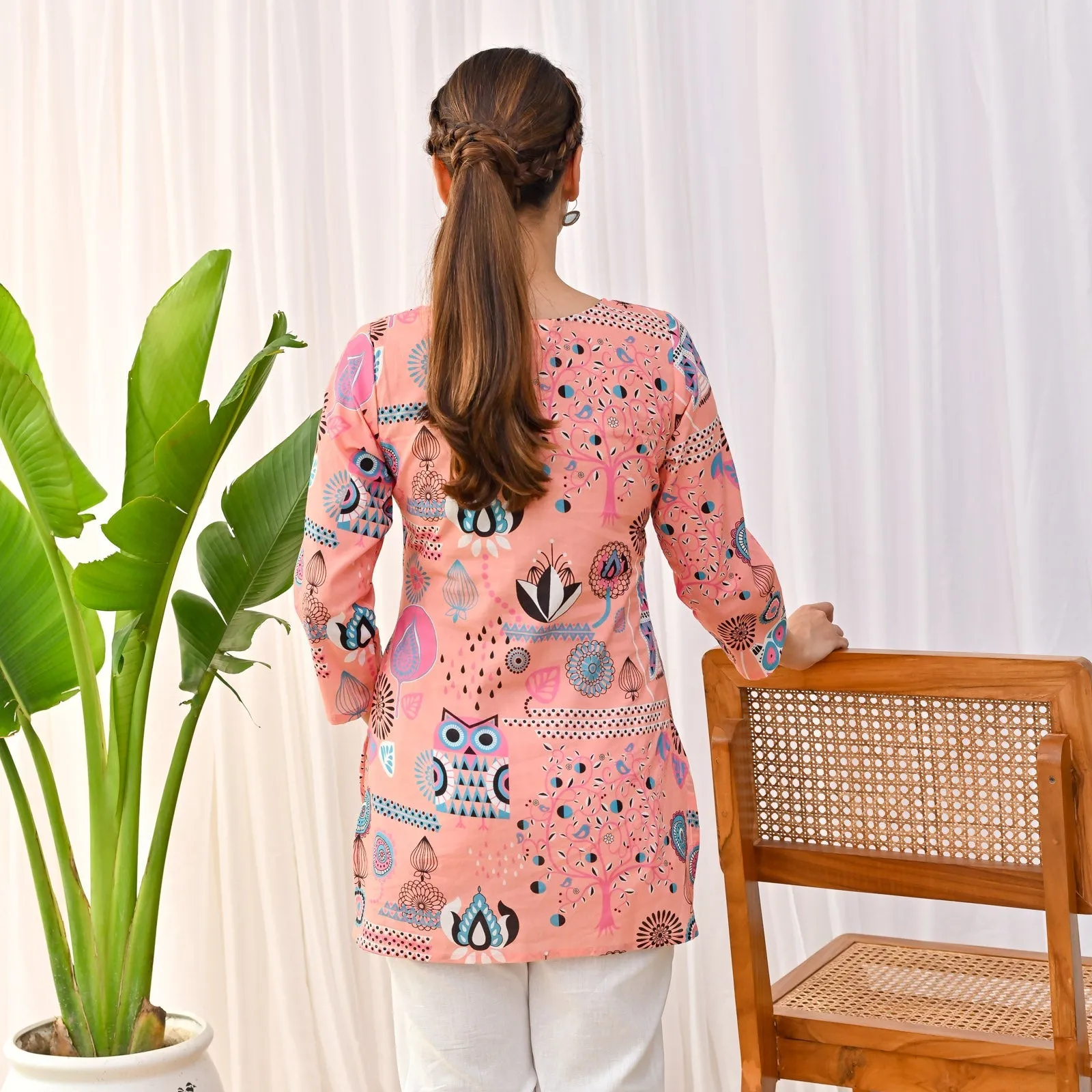 Peach Cotton Owl Printed Ethnic Tunic Top