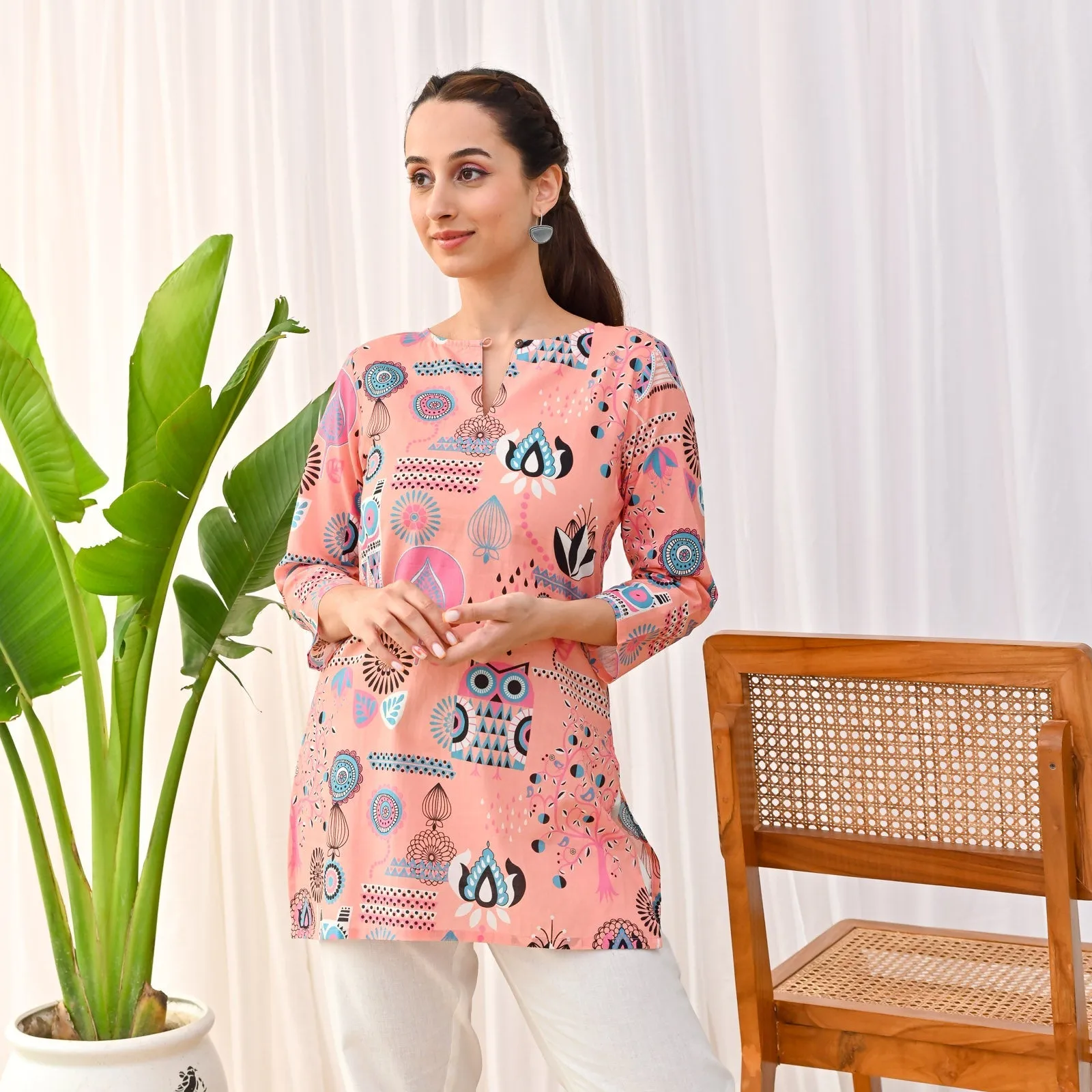 Peach Cotton Owl Printed Ethnic Tunic Top