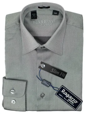 Ragazzo 30615 Boy's Slim Fit Dress Shirt - Tonal Herringbone - Grey