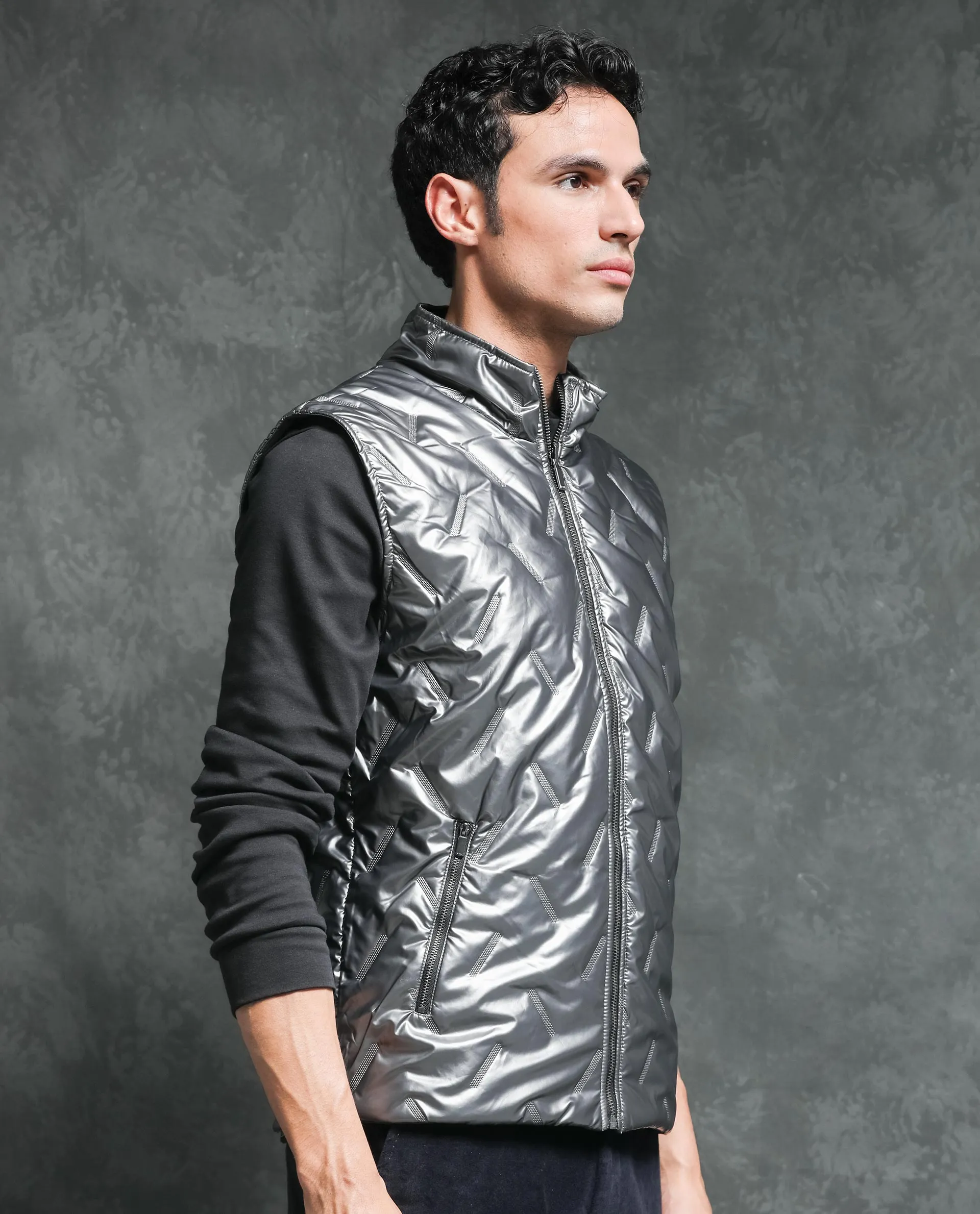 Rare Rabbit Men's Linda Silver Metallic Sleeveless Reversible Puffer Jacket