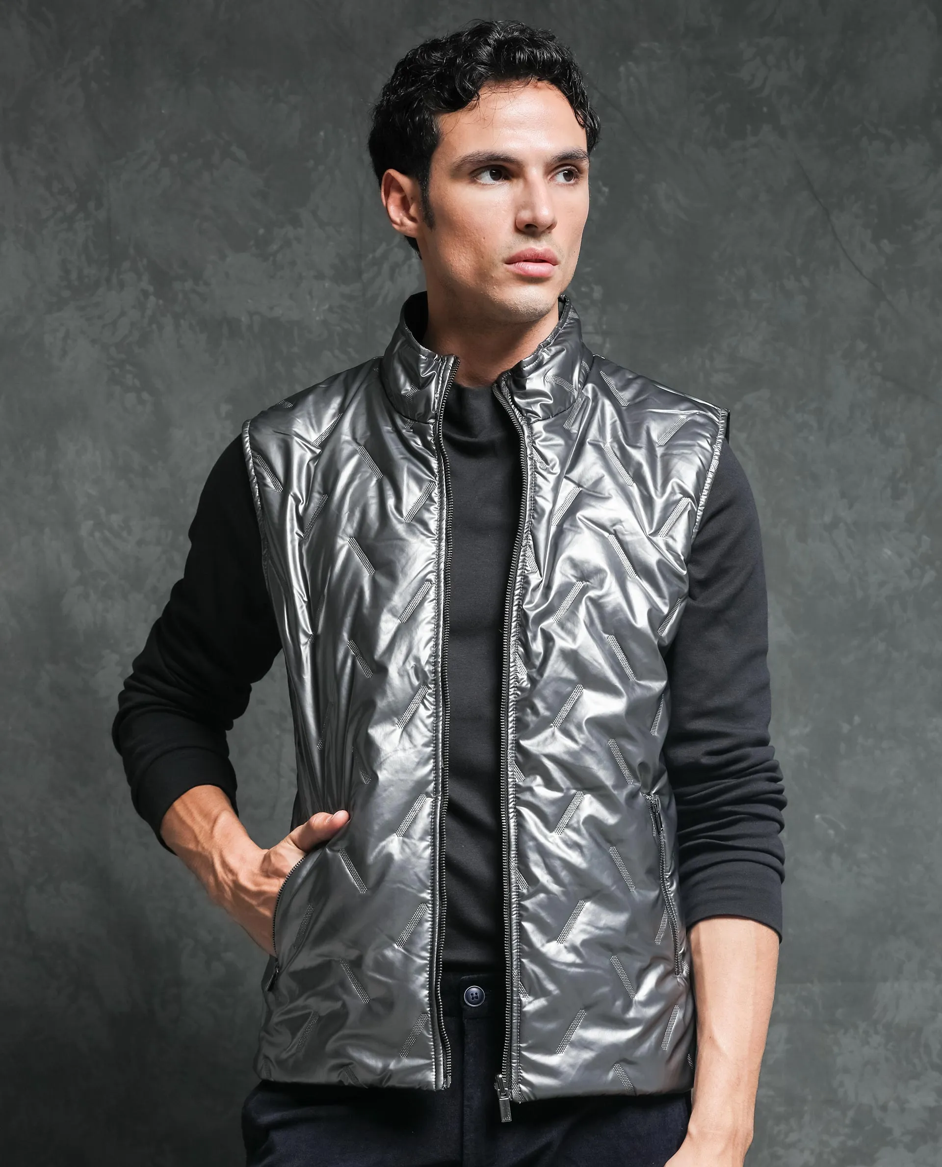 Rare Rabbit Men's Linda Silver Metallic Sleeveless Reversible Puffer Jacket