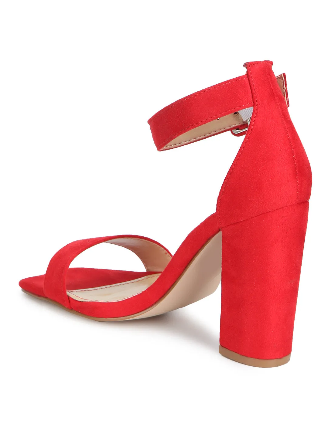 Red Micro Broad Ankle Strap Block Heels