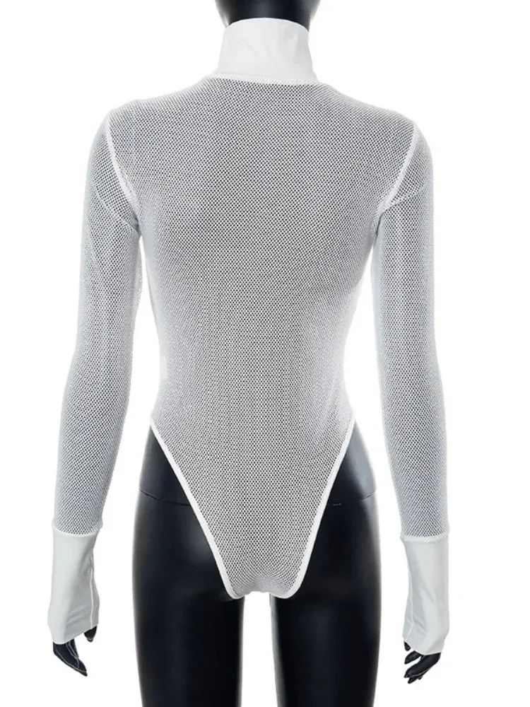 See Through Lingerie Long Sleeve Bodysuit Feminino Turtleneck Bustier White