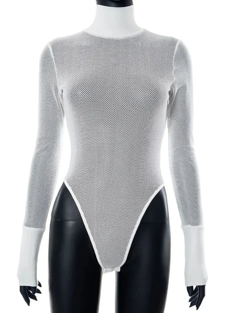 See Through Lingerie Long Sleeve Bodysuit Feminino Turtleneck Bustier White