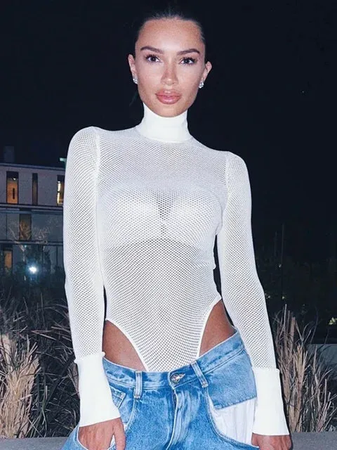 See Through Lingerie Long Sleeve Bodysuit Feminino Turtleneck Bustier White