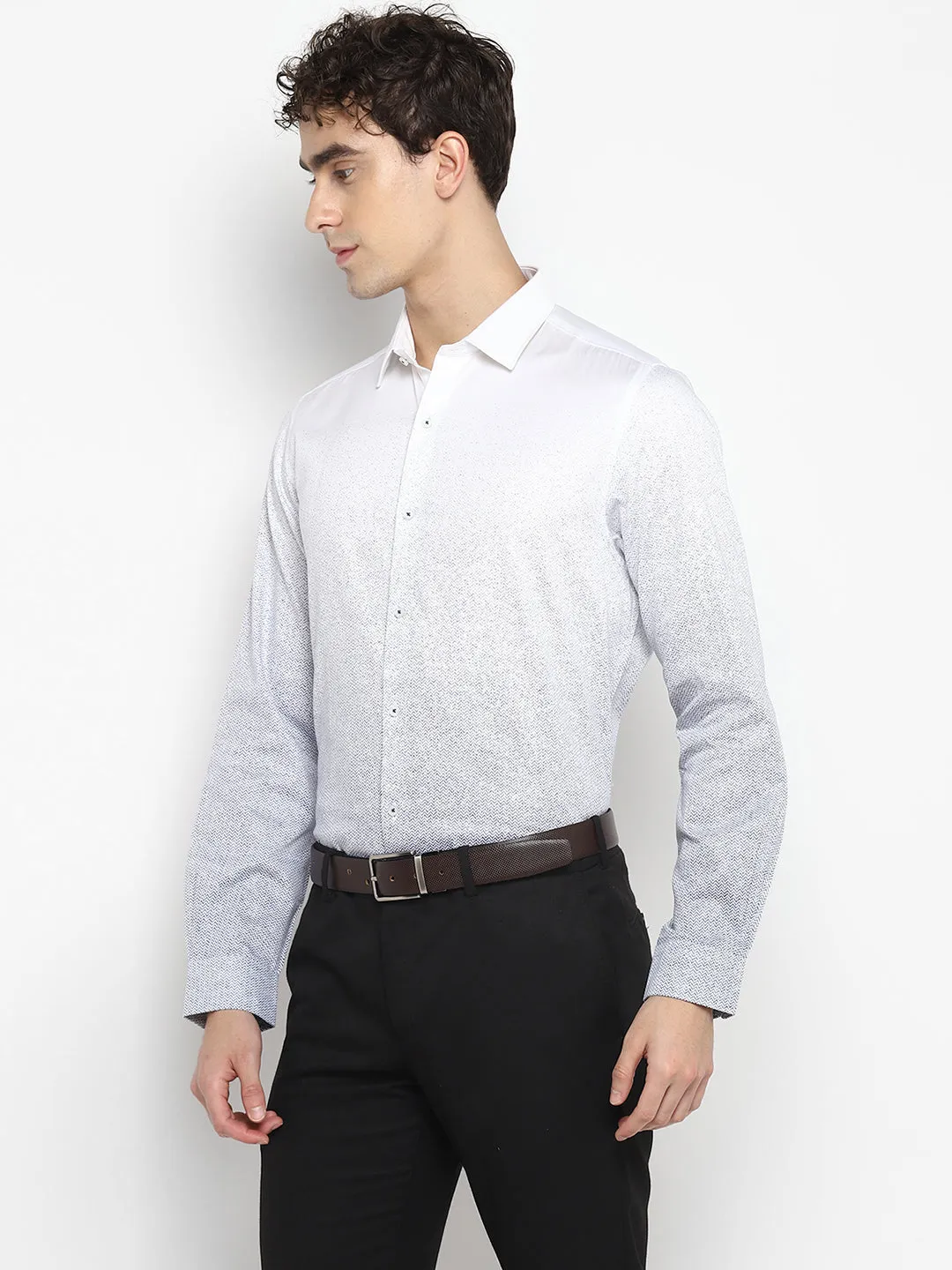 Self Design White Slim Fit Formal Shirt