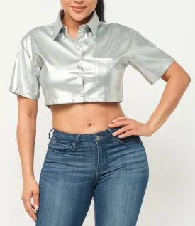 Silver Metallic Button-up Crop Top