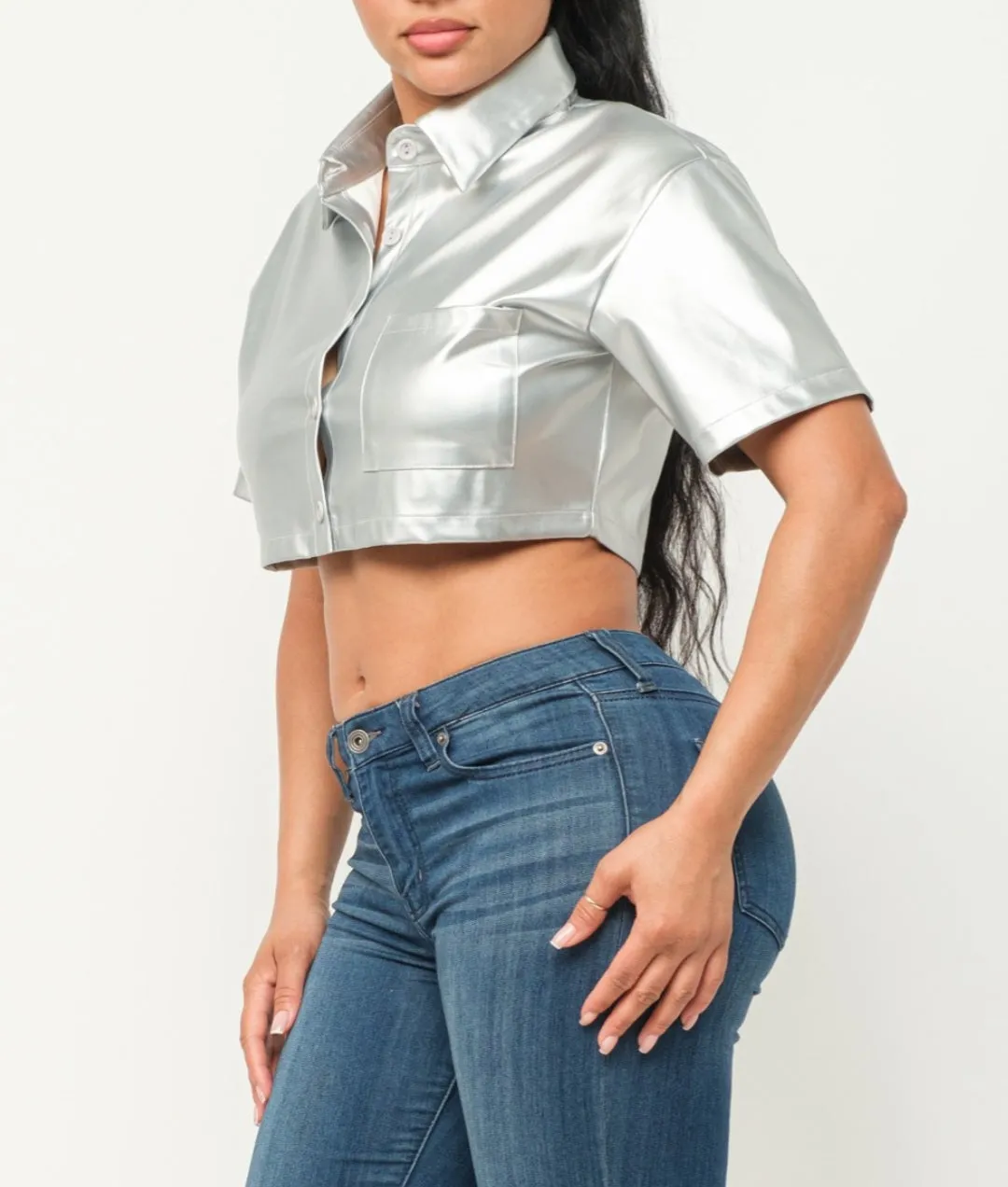 Silver Metallic Button-up Crop Top