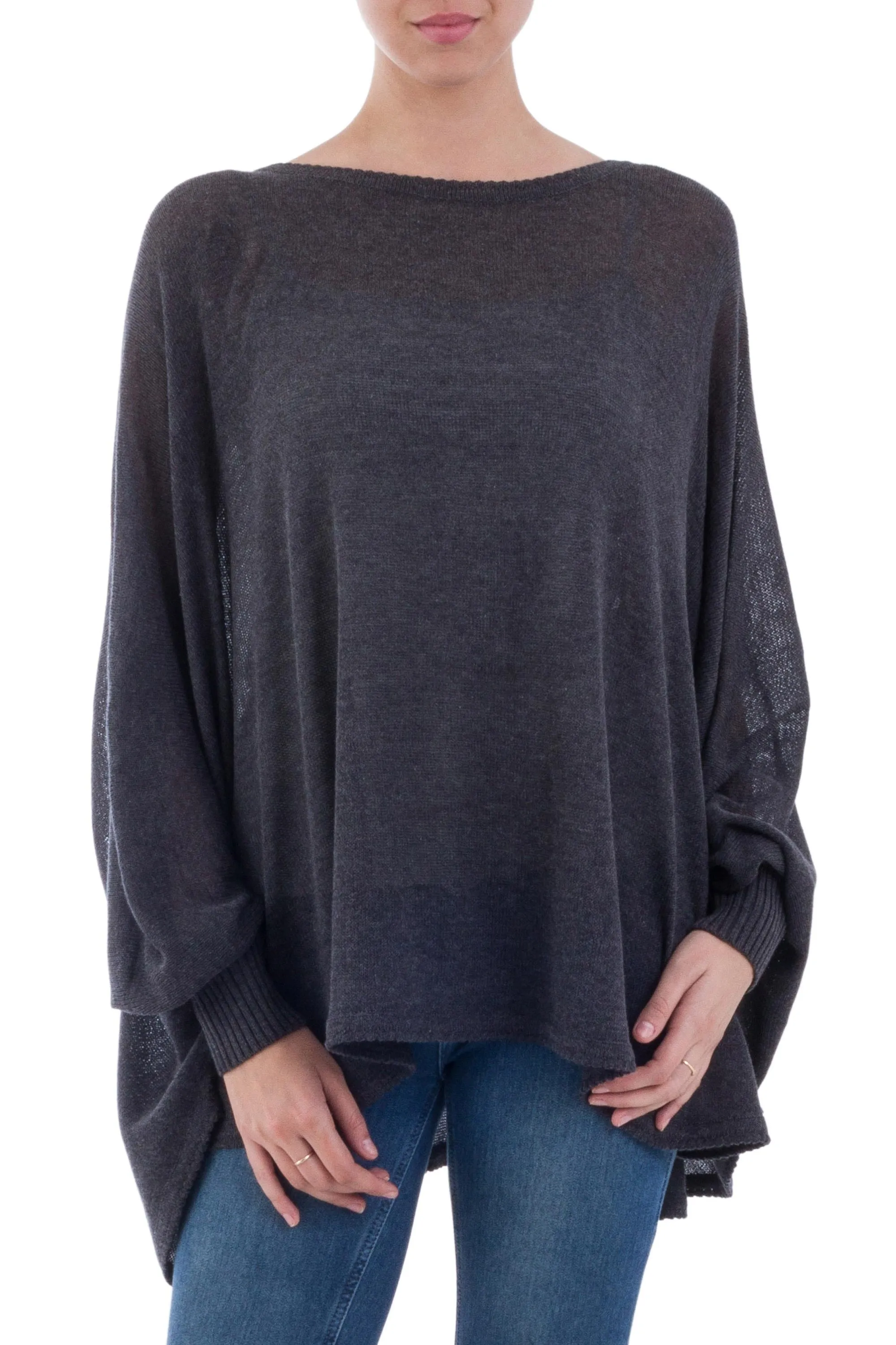 Soft Knit Bohemian Style Charcoal Drape Sweater from Peru - Charcoal Breeze | NOVICA