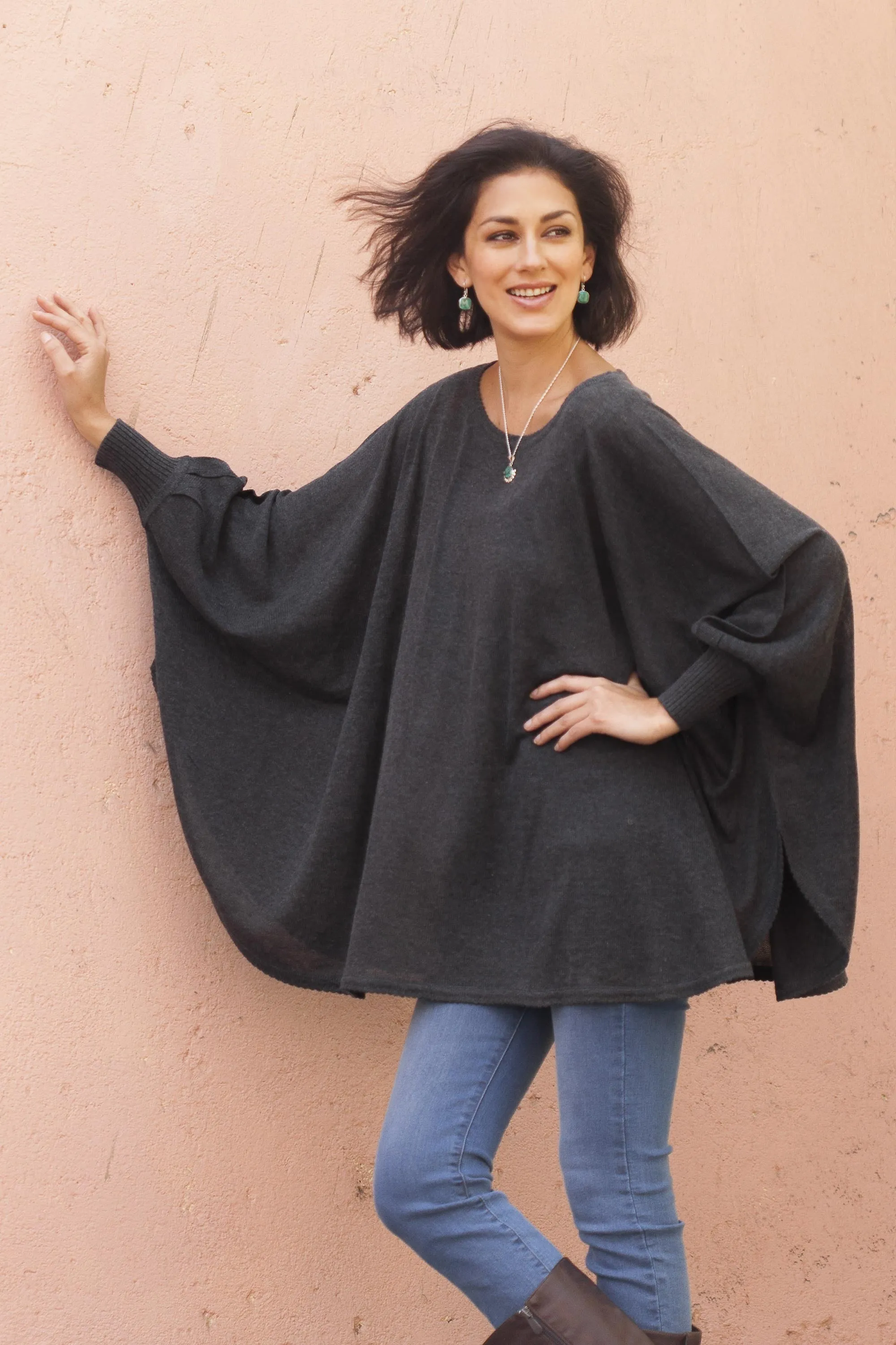 Soft Knit Bohemian Style Charcoal Drape Sweater from Peru - Charcoal Breeze | NOVICA