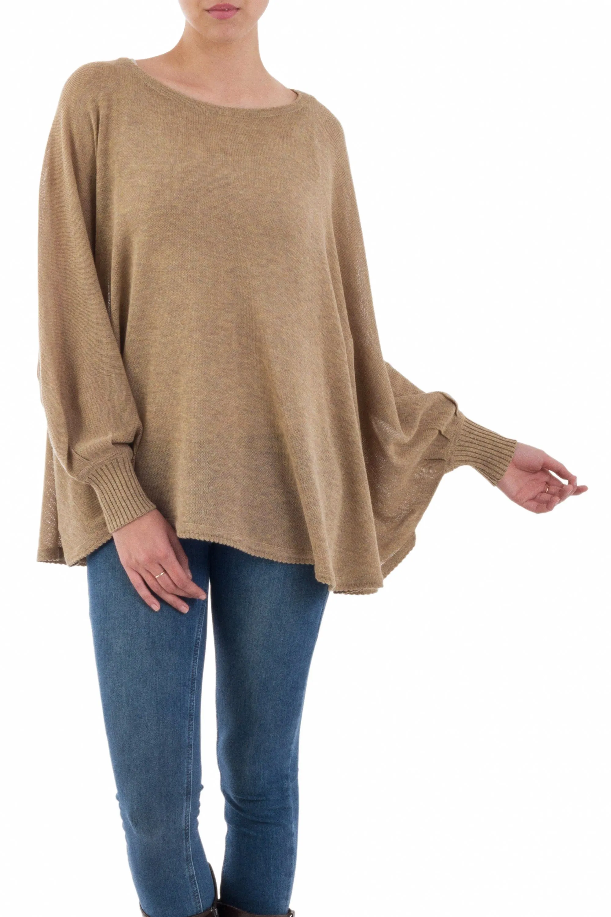 Soft Knit Bohemian Style Light Tan Drape Sweater from Peru - Coastal Breeze | NOVICA