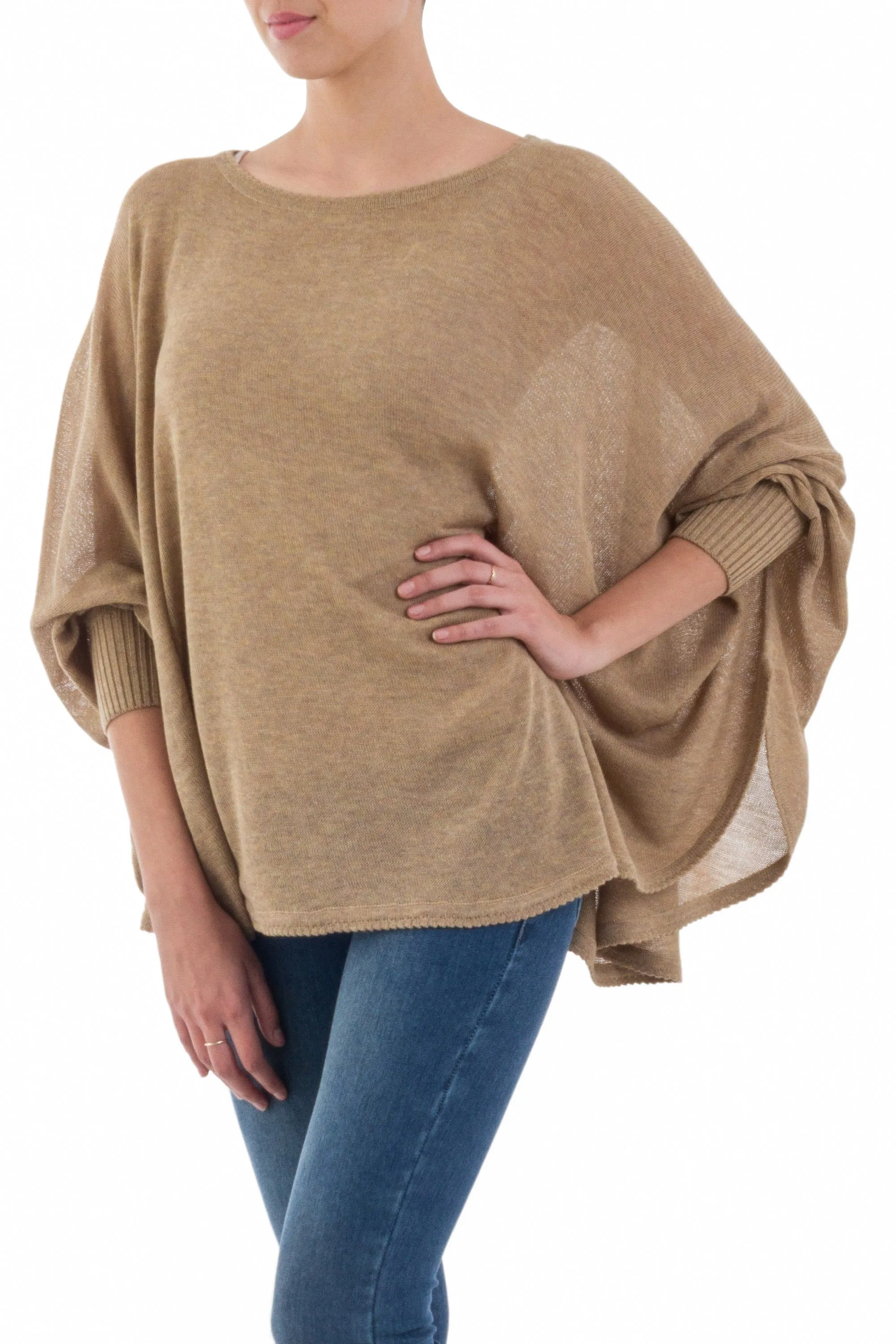 Soft Knit Bohemian Style Light Tan Drape Sweater from Peru - Coastal Breeze | NOVICA