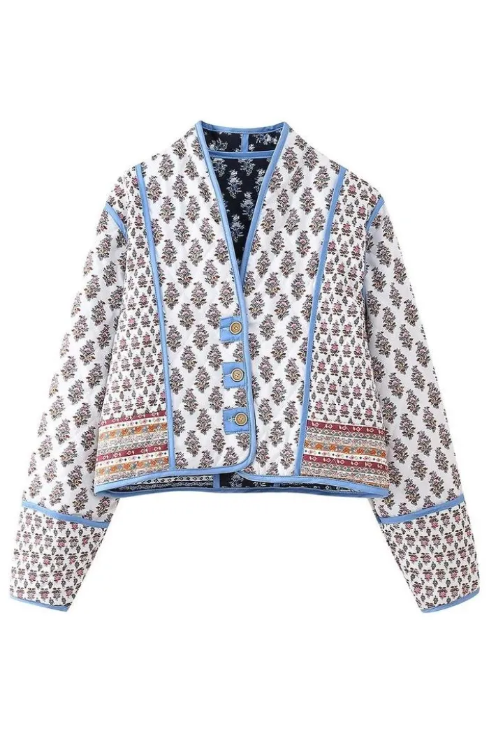 Stylish V-Neck Button Double-Sided Printed Quilted Jacket