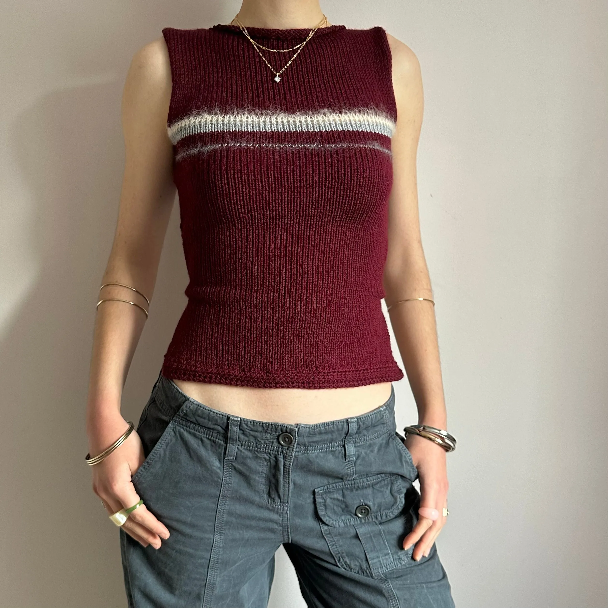 The Bordeaux Vest - handmade burgundy, grey and cream tie up knitted tank top