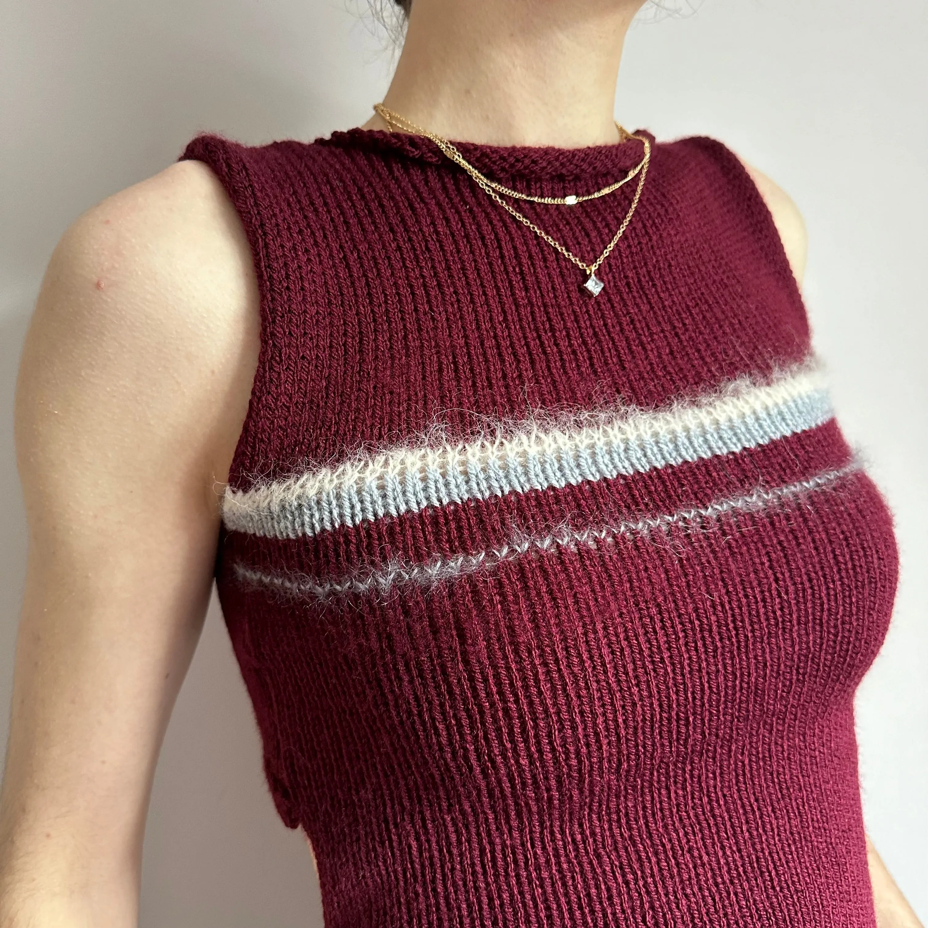 The Bordeaux Vest - handmade burgundy, grey and cream tie up knitted tank top