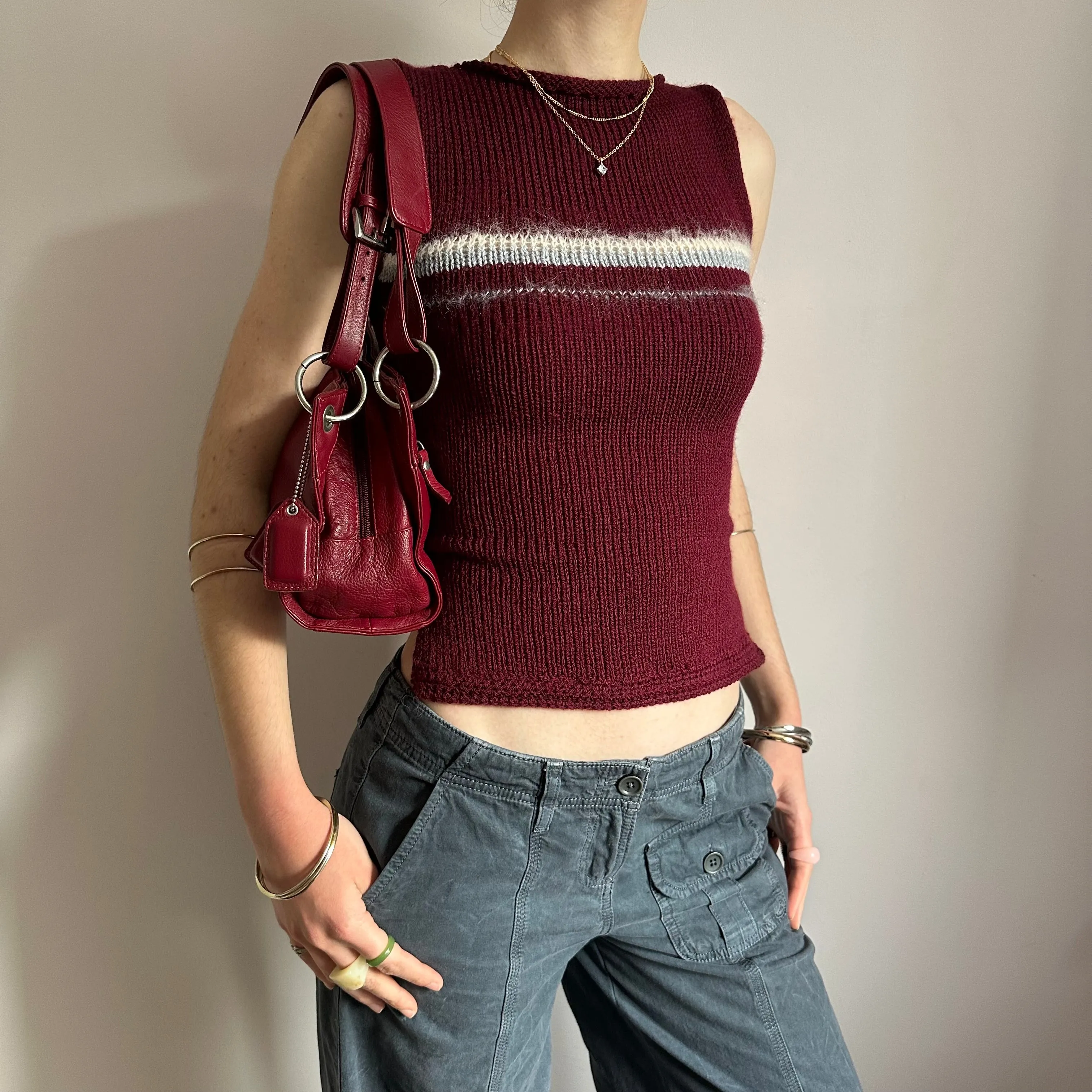 The Bordeaux Vest - handmade burgundy, grey and cream tie up knitted tank top