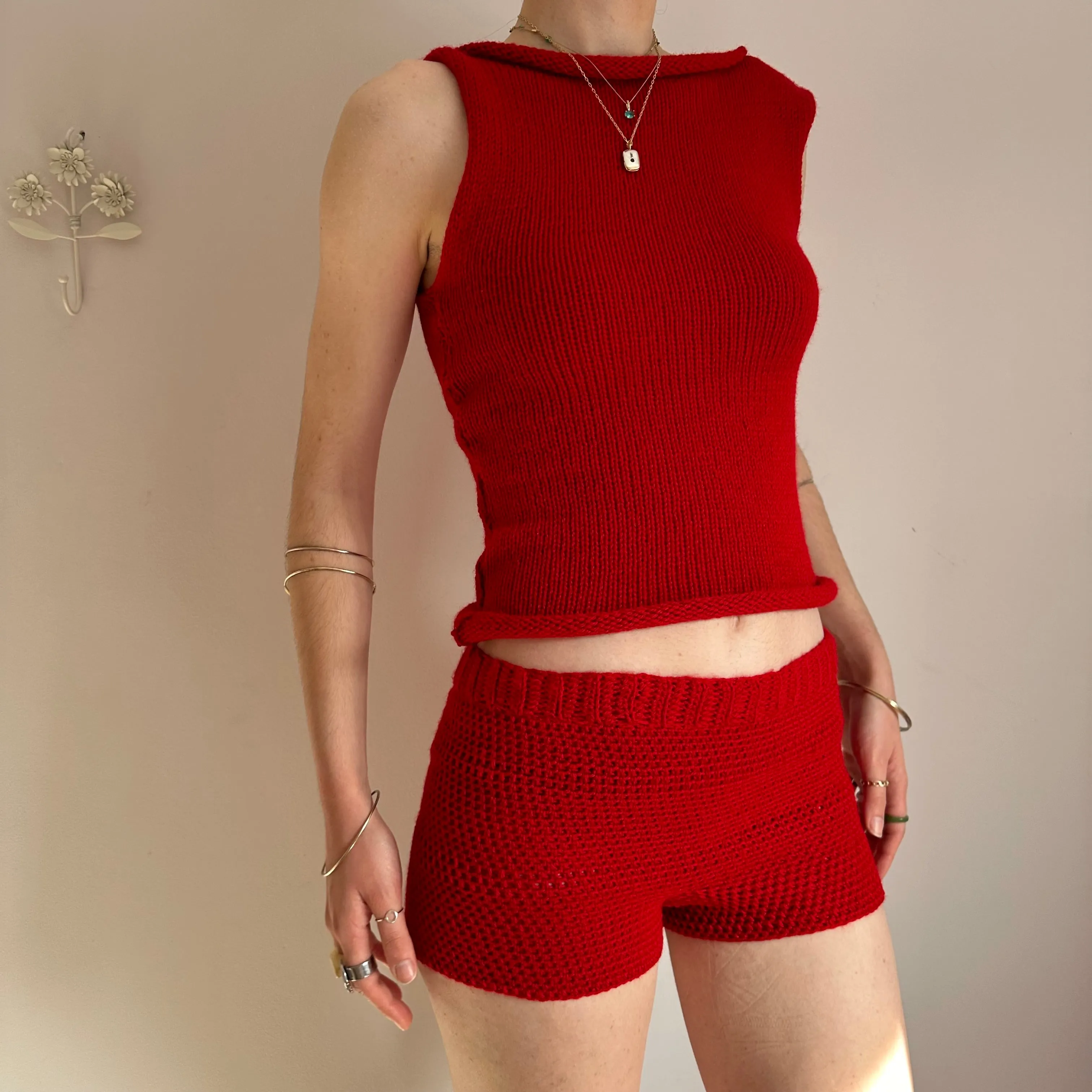 The Red Set - matching crochet shorts and asymmetrical knit vest