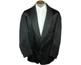 Vintage Smoking Jacket 1950s Black Satin Quilted Mens Size L