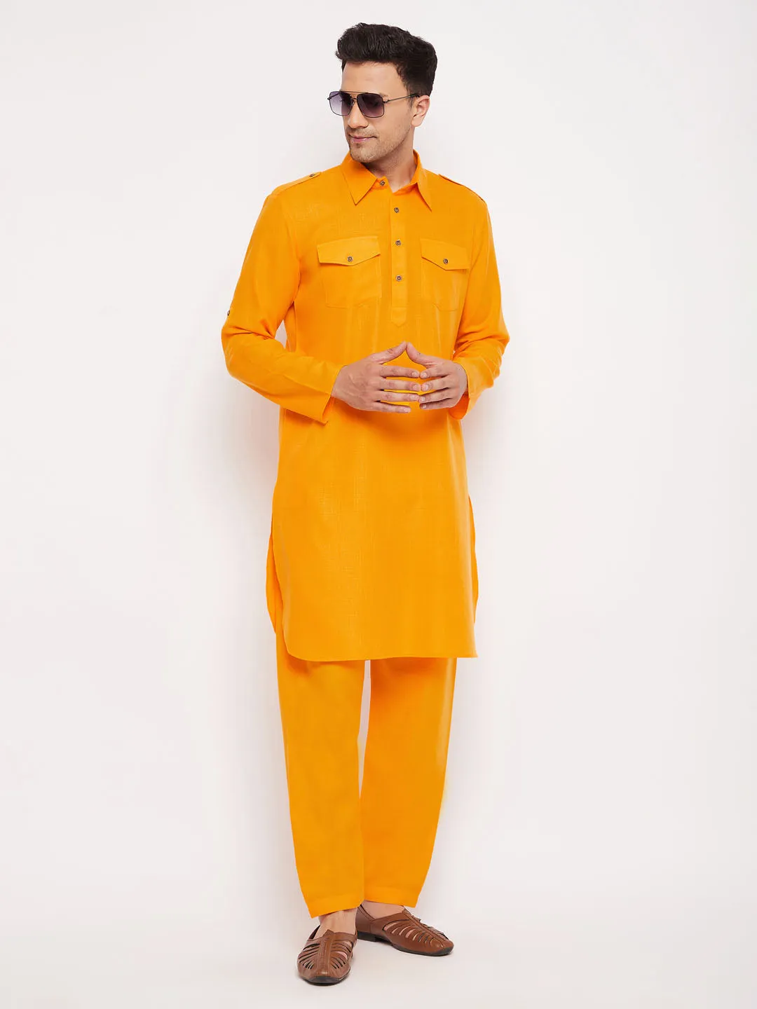 VM BY VASTRAMAY Men's Mustard Pathani Suit Set