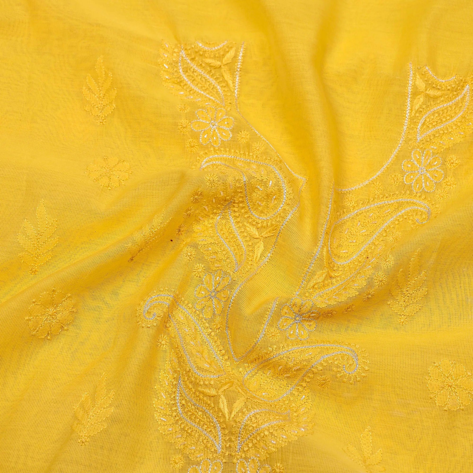 Yellow - 2pc Hand Embroidery Chanderi Silk Chikankari Dress Material