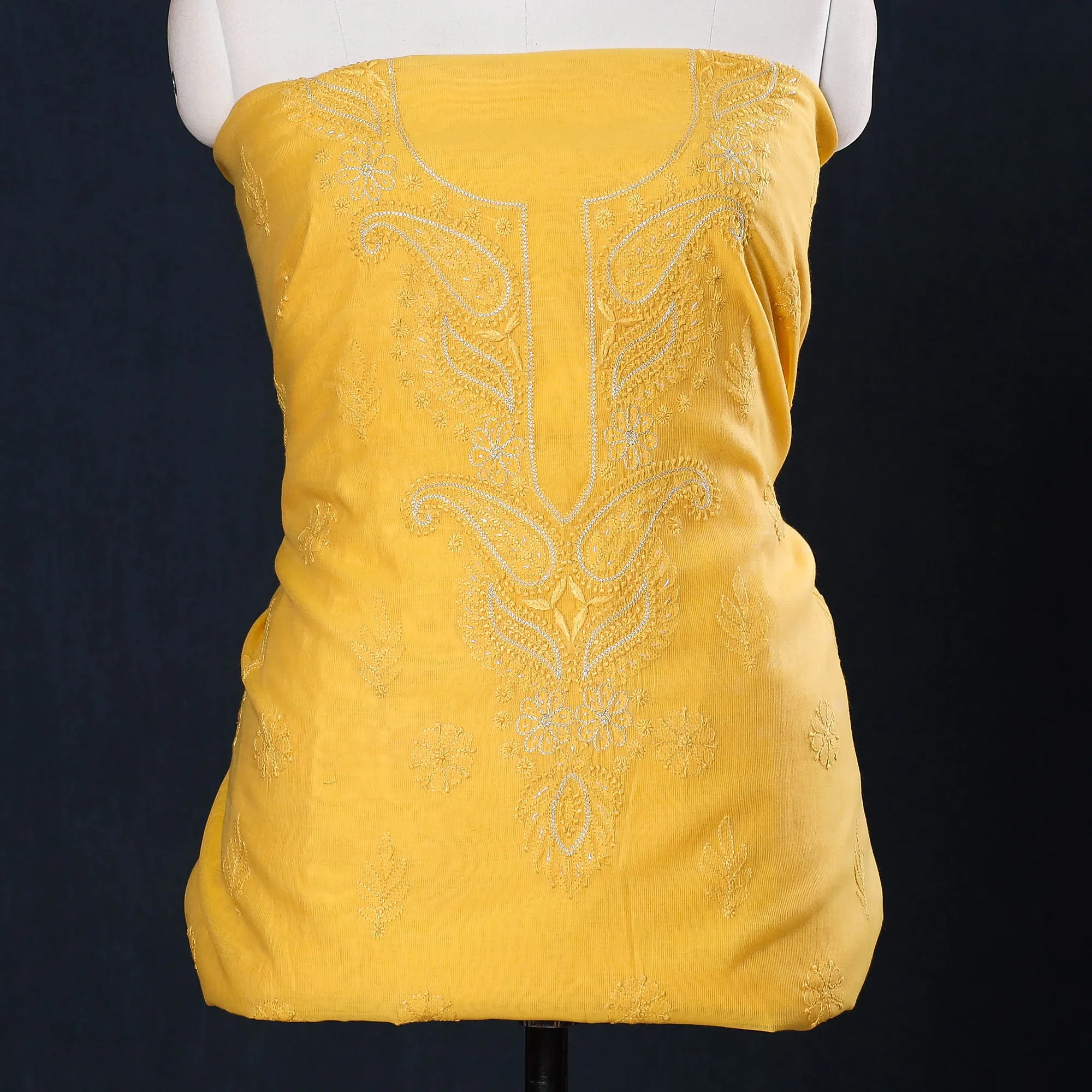 Yellow - 2pc Hand Embroidery Chanderi Silk Chikankari Dress Material