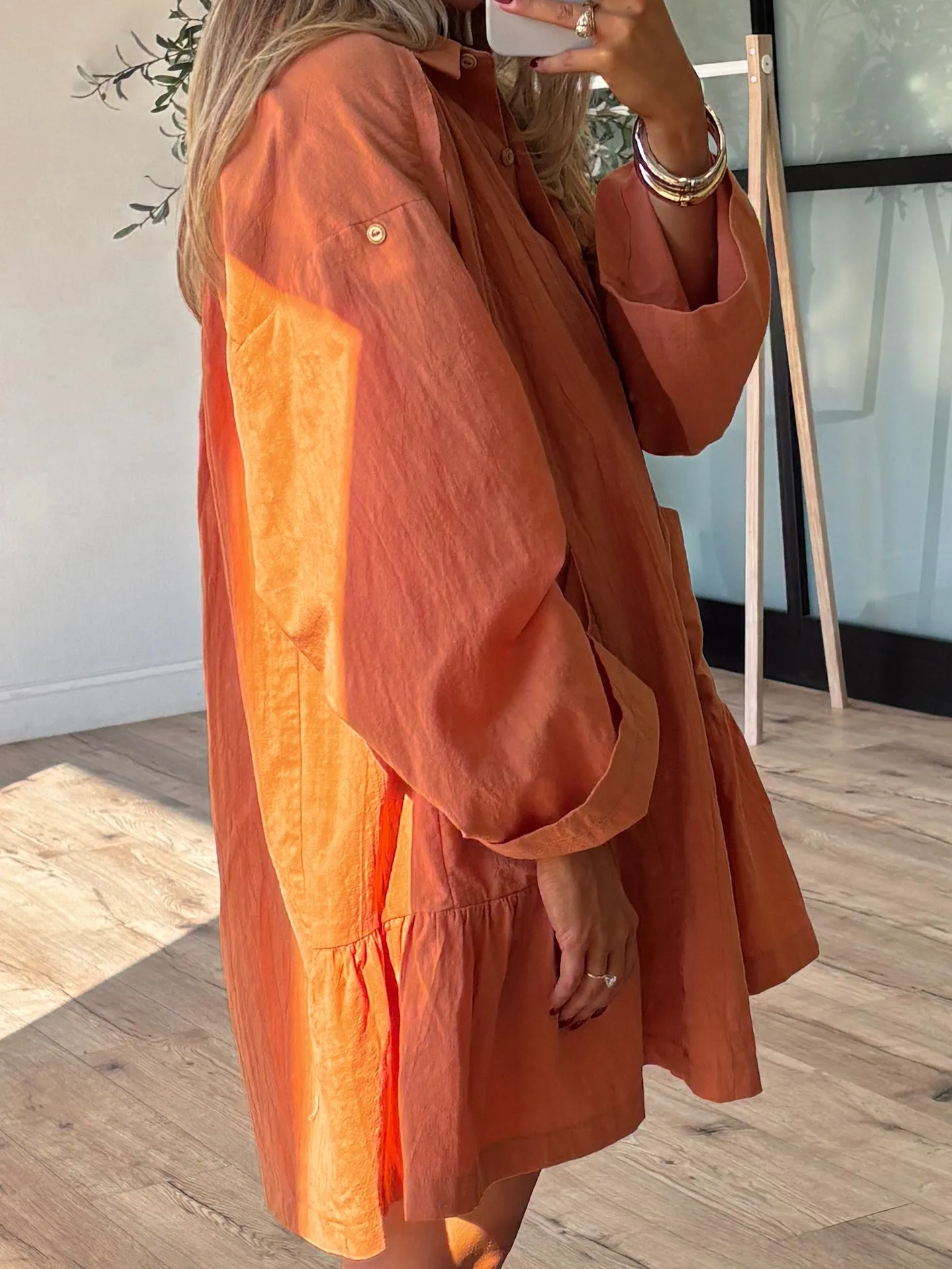 Zoe Flounce Shirt Dress | Apricot